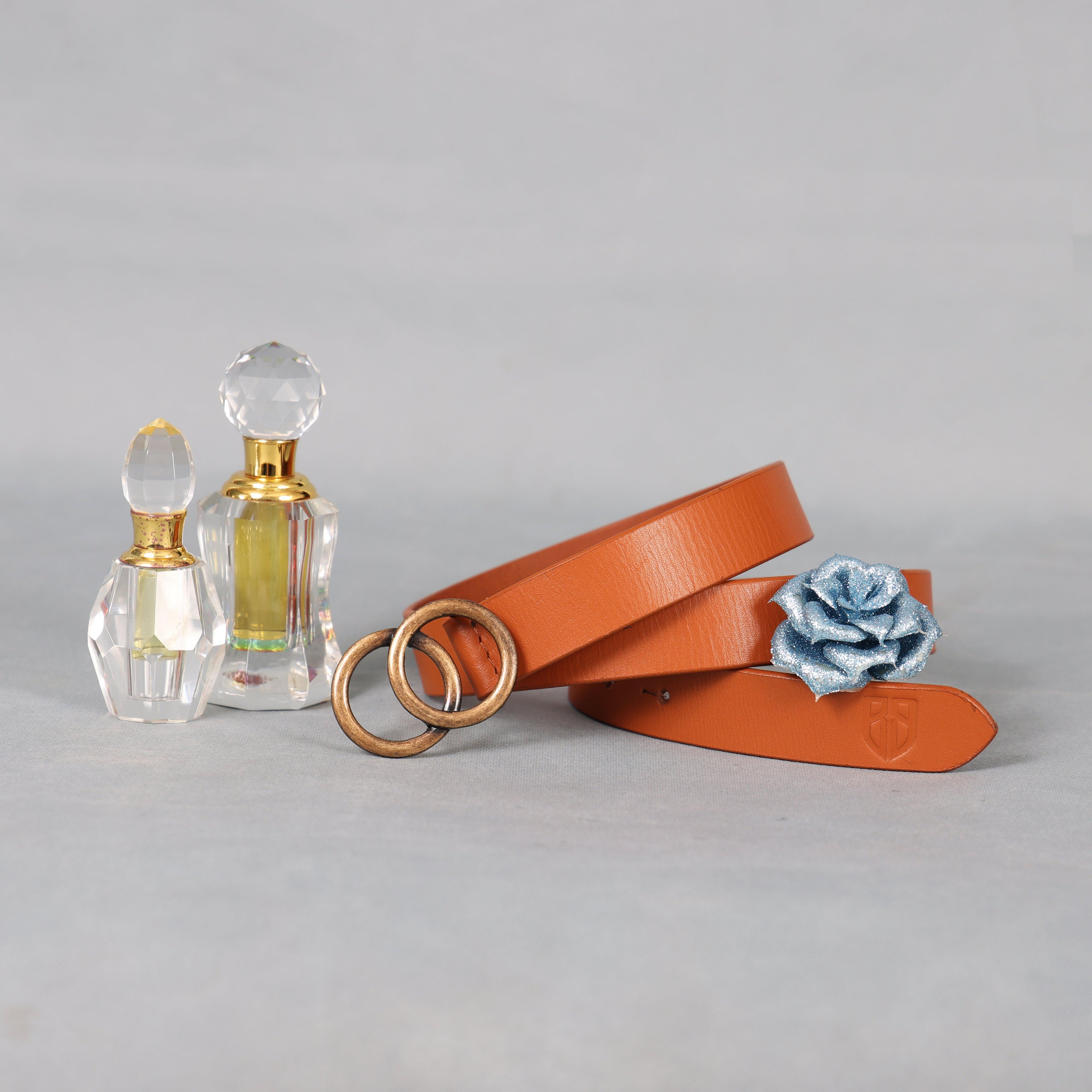 Tan Leather Belt for Women with Double Ring Antique Golden Buckle