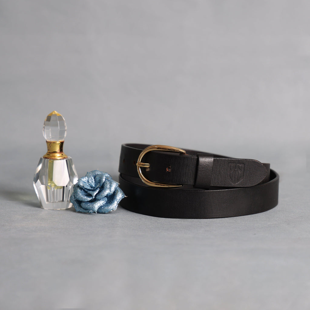 Black Leather Belt for Women with Golden Buckle