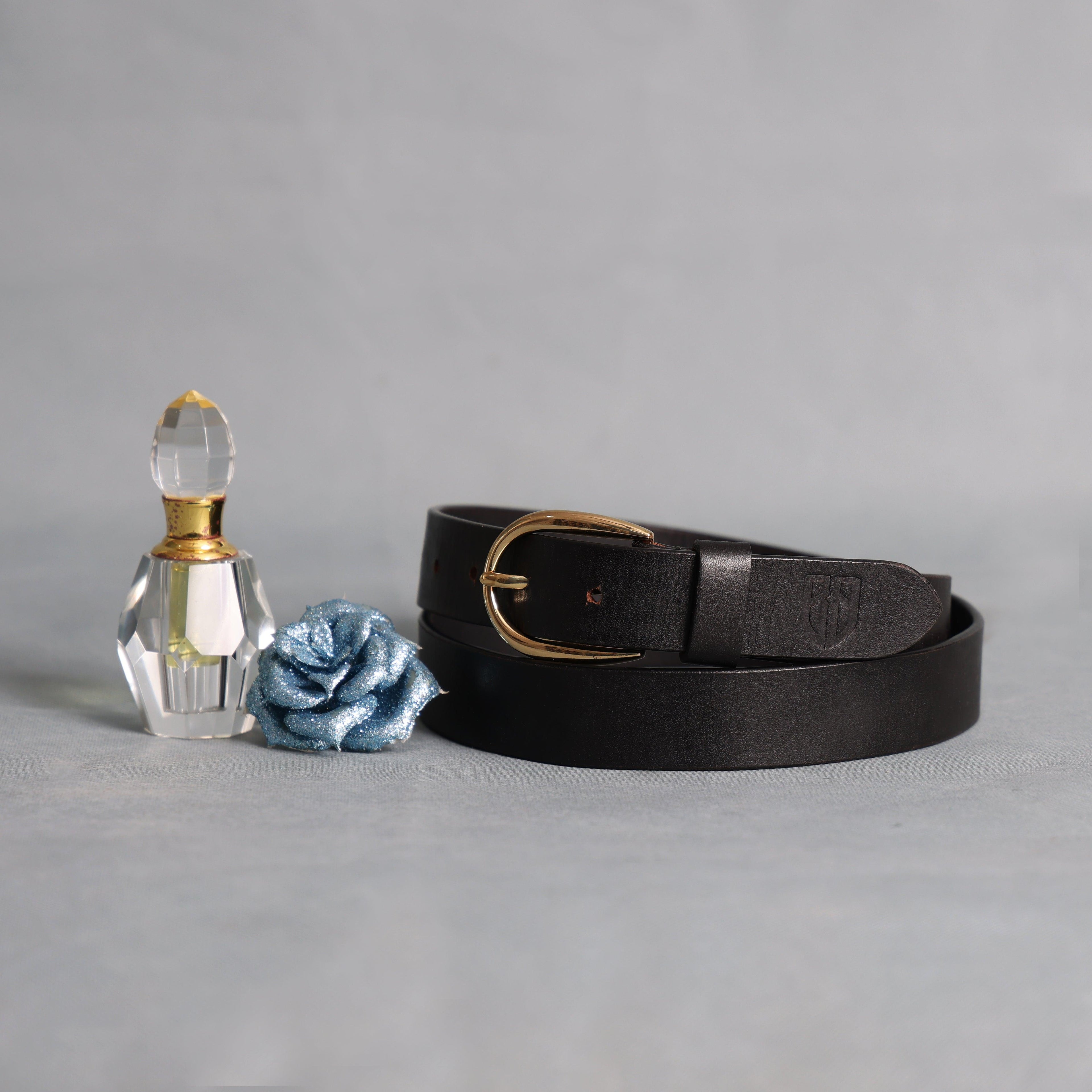 Black Leather Belt for Women with Golden Buckle