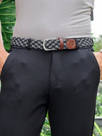 Golf Stretch Belt – Black & White Zigzag with Brown Leather Trim