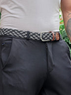 Golf Stretch Belt – Black & White Zigzag with Brown Leather Trim