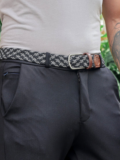 Golf Stretch Belt – Black & White Zigzag with Brown Leather Trim