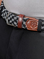 Golf Stretch Belt – Black & White Zigzag with Brown Leather Trim