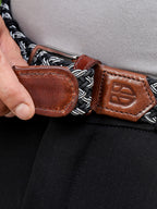 Golf Stretch Belt – Black & White Zigzag with Brown Leather Trim