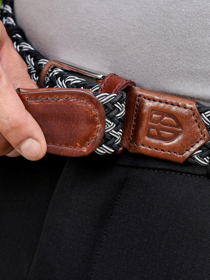 Golf Stretch Belt – Black & White Zigzag with Brown Leather Trim