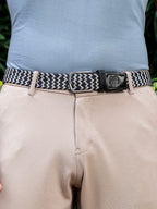 Golf Stretch Belt – Navy & White Chevron with Black Leather Trim