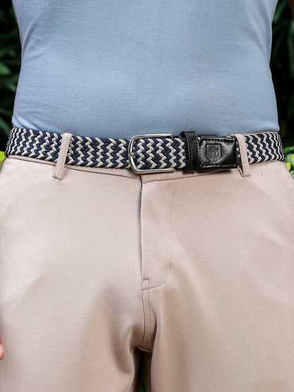 Golf Stretch Belt – Navy & White Chevron with Black Leather Trim