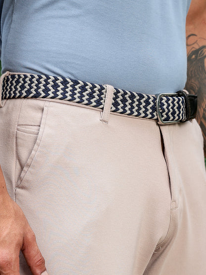 Golf Stretch Belt – Navy & White Chevron with Black Leather Trim