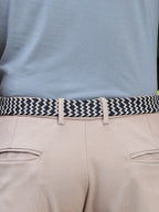 Golf Stretch Belt – Navy & White Chevron with Black Leather Trim