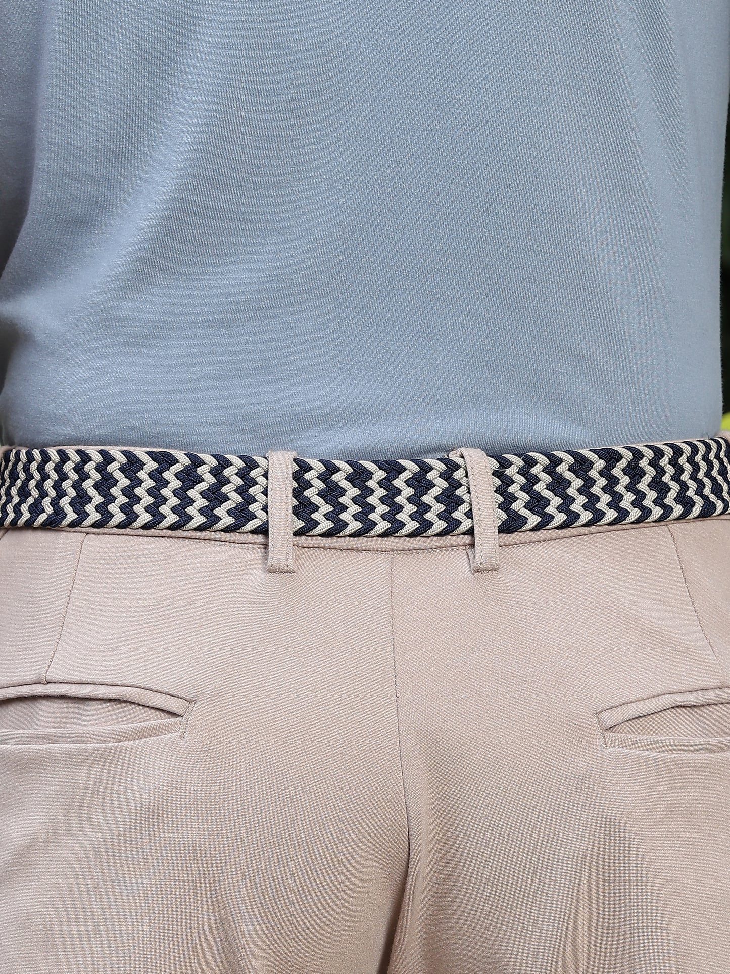 Golf Stretch Belt – Navy & White Chevron with Black Leather Trim