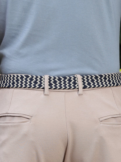 Golf Stretch Belt – Navy & White Chevron with Black Leather Trim