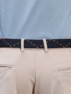 Golf Stretch Belt – Navy & Orange Dot with Brown Leather Trim