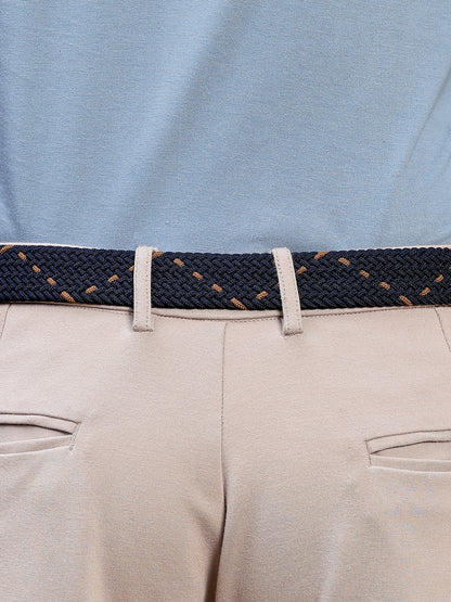 Golf Stretch Belt – Navy & Orange Dot with Brown Leather Trim