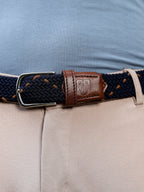 Golf Stretch Belt – Navy & Orange Dot with Brown Leather Trim