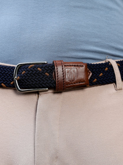 Golf Stretch Belt – Navy & Orange Dot with Brown Leather Trim