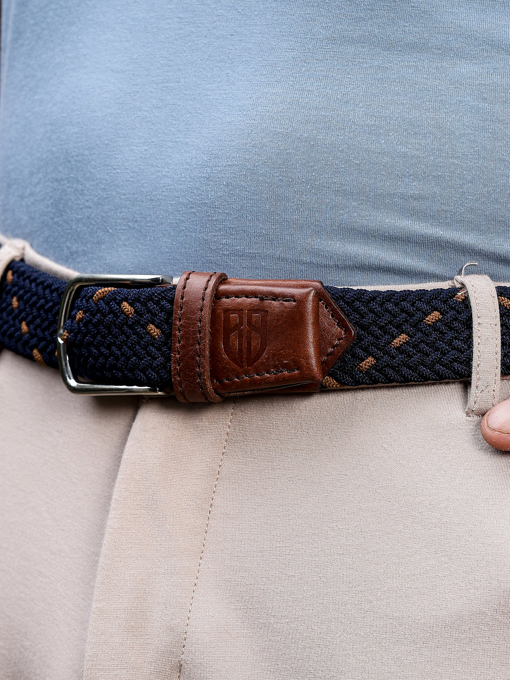 Golf Stretch Belt – Navy & Orange Dot with Brown Leather Trim