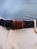 Golf Stretch Belt – Navy & Orange Dot with Brown Leather Trim