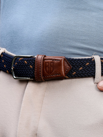Golf Stretch Belt – Navy & Orange Dot with Brown Leather Trim