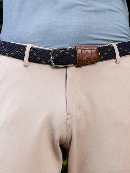 Golf Stretch Belt – Navy & Orange Dot with Brown Leather Trim