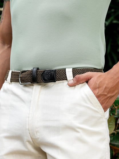 Golf Stretch Belt – Olive Green with Black Leather Trim