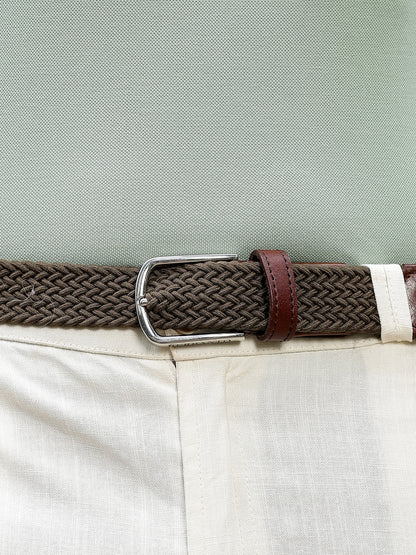Golf Stretch Belt – Olive Green with Brown Leather Trim