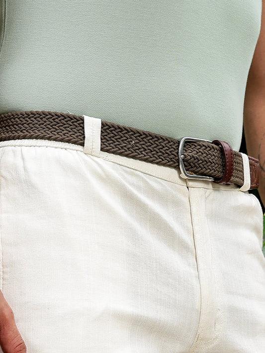 Unisex Olive Green Woven Stretch Belt with Silver Buckle