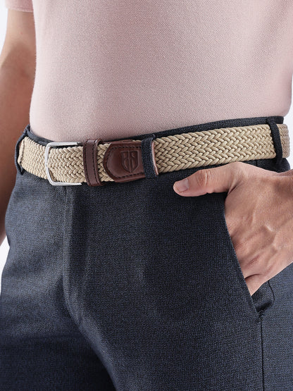 Golf Stretch Belt – Classic Beige with Brown Leather Trim