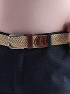 Golf Stretch Belt – Classic Beige with Brown Leather Trim