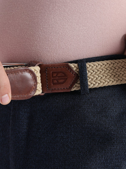 Golf Stretch Belt – Classic Beige with Brown Leather Trim