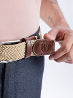 Golf Stretch Belt – Classic Beige with Brown Leather Trim