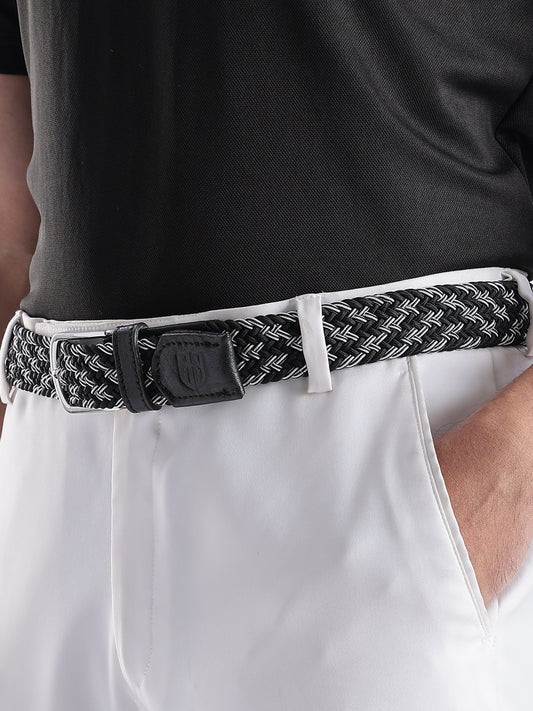 Golf Stretch Belt – Black & White Zigzag with Black Leather Trim