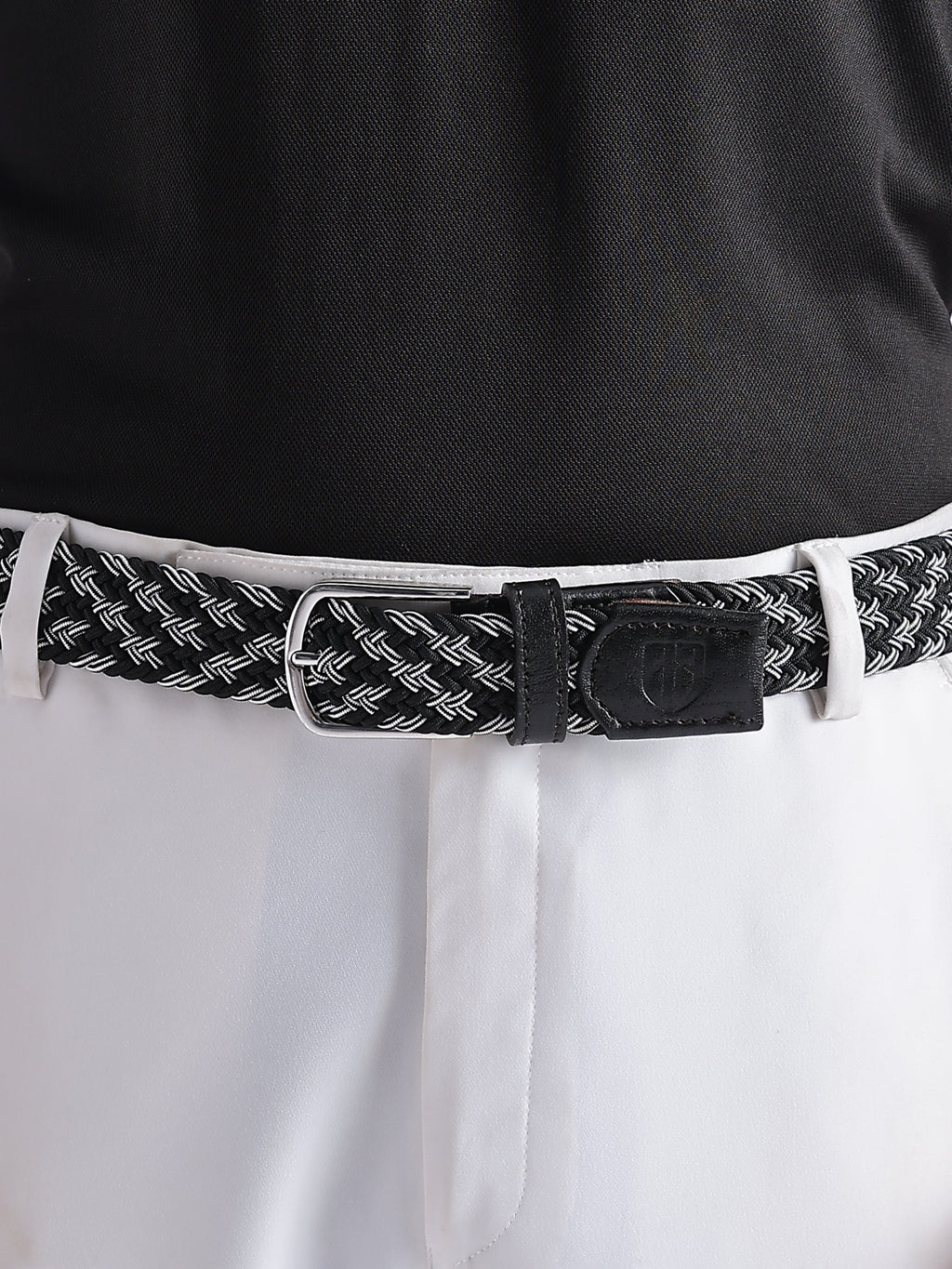 Golf Stretch Belt – Black & White Zigzag with Black Leather Trim