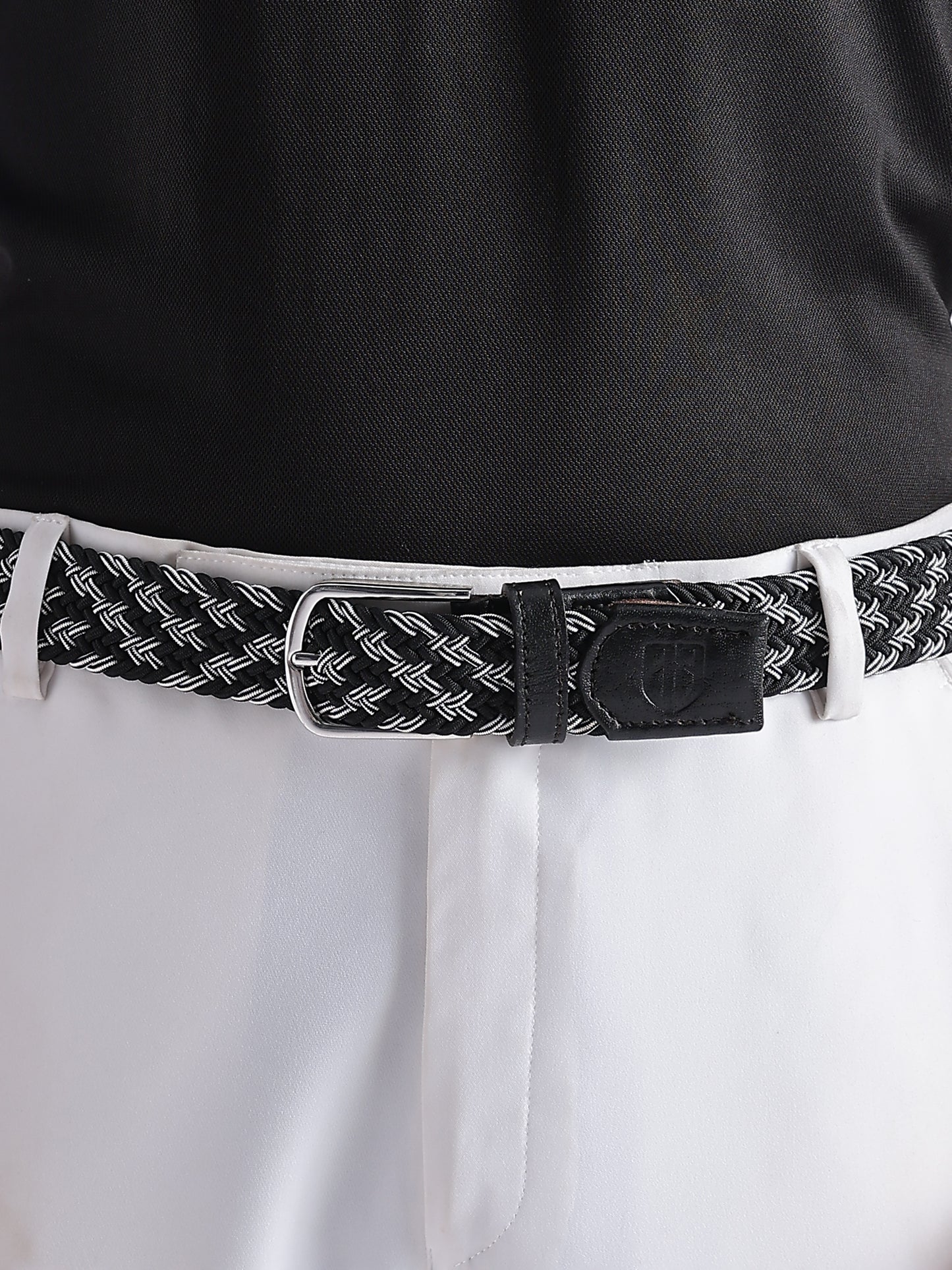 Golf Stretch Belt – Black & White Zigzag with Black Leather Trim