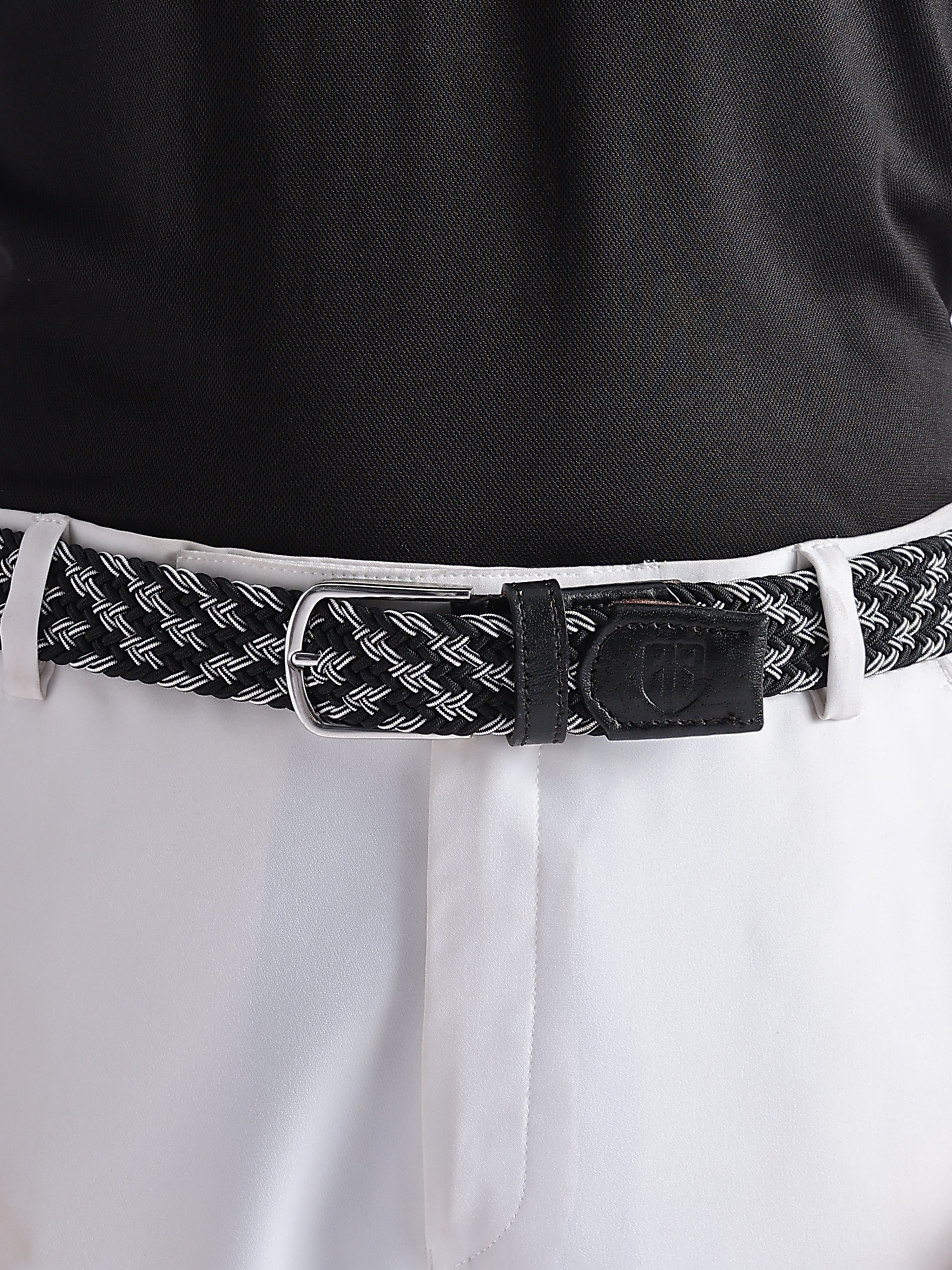 Golf Stretch Belt – Black & White Zigzag with Black Leather Trim
