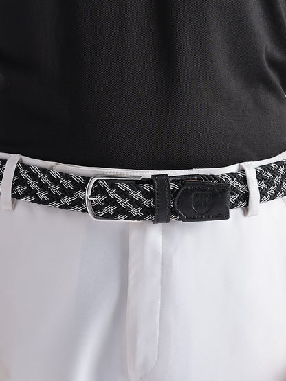 Golf Stretch Belt – Black & White Zigzag with Black Leather Trim
