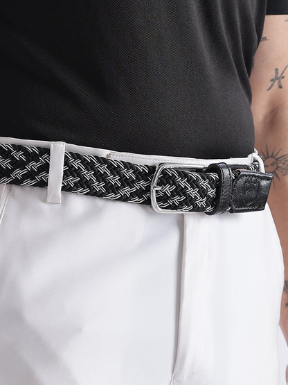 Golf Stretch Belt – Black & White Zigzag with Black Leather Trim