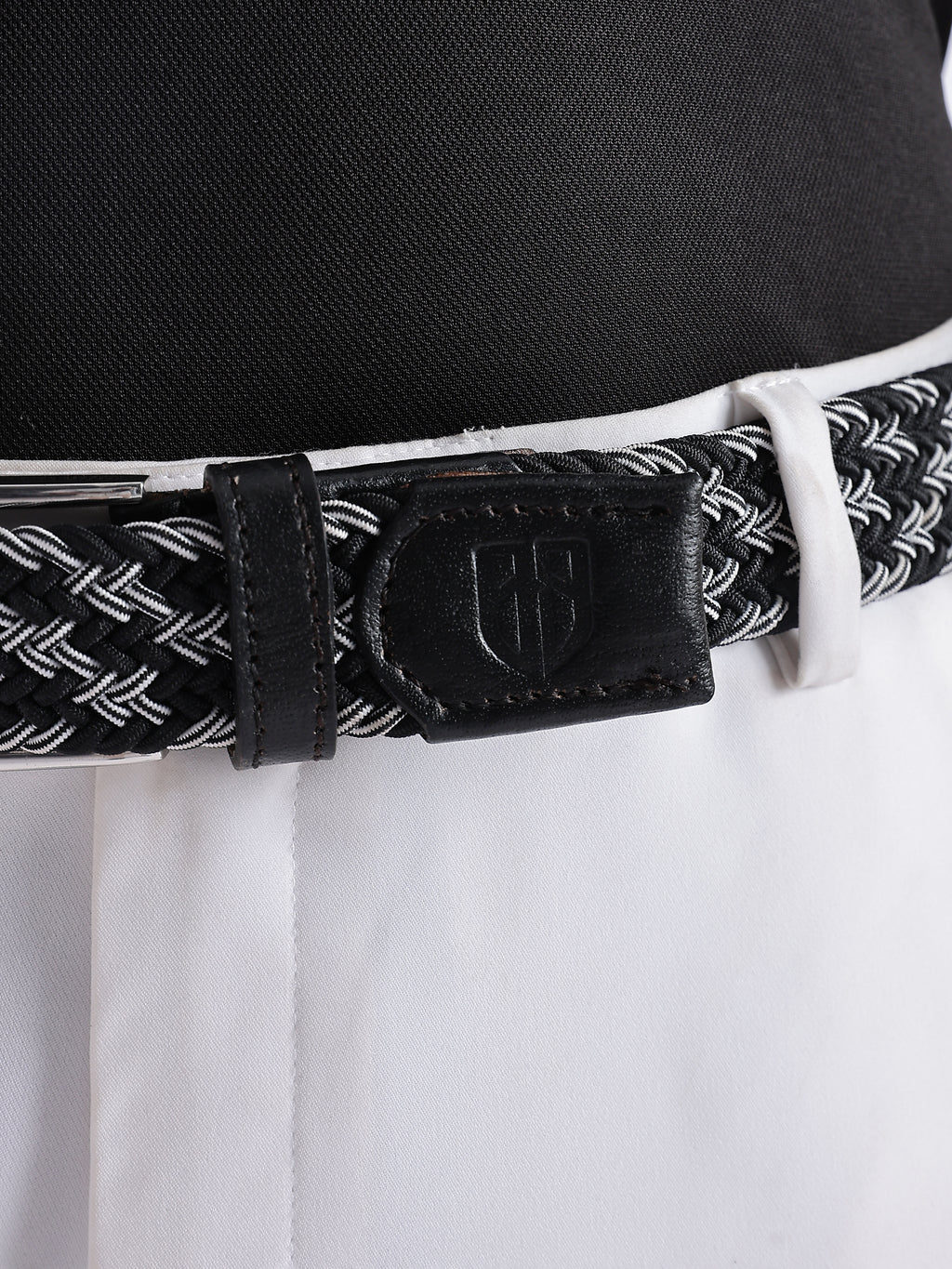 Golf Stretch Belt – Black & White Zigzag with Black Leather Trim