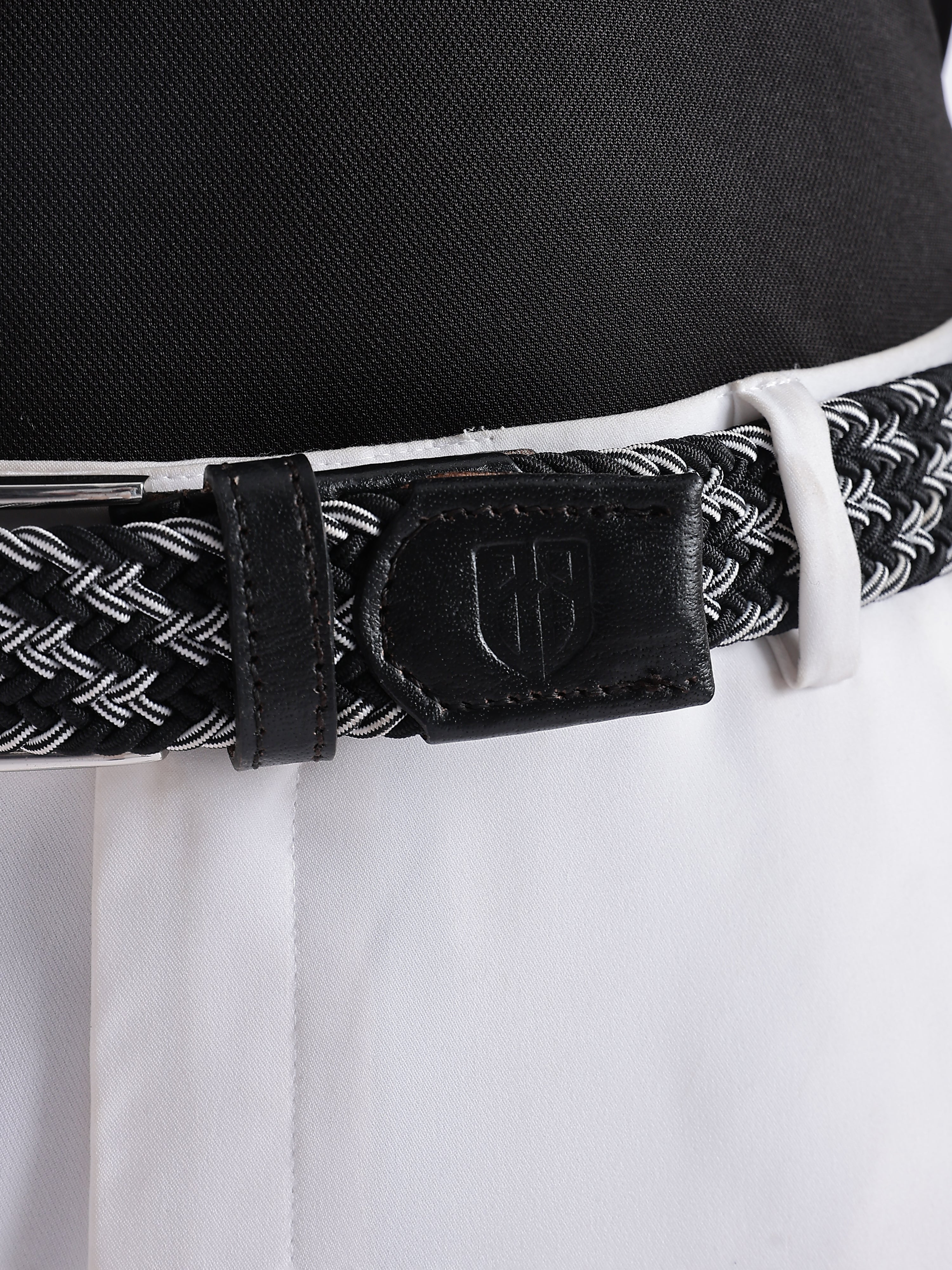 Golf Stretch Belt – Black & White Zigzag with Black Leather Trim