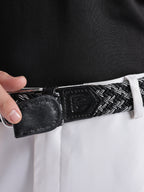 Golf Stretch Belt – Black & White Zigzag with Black Leather Trim