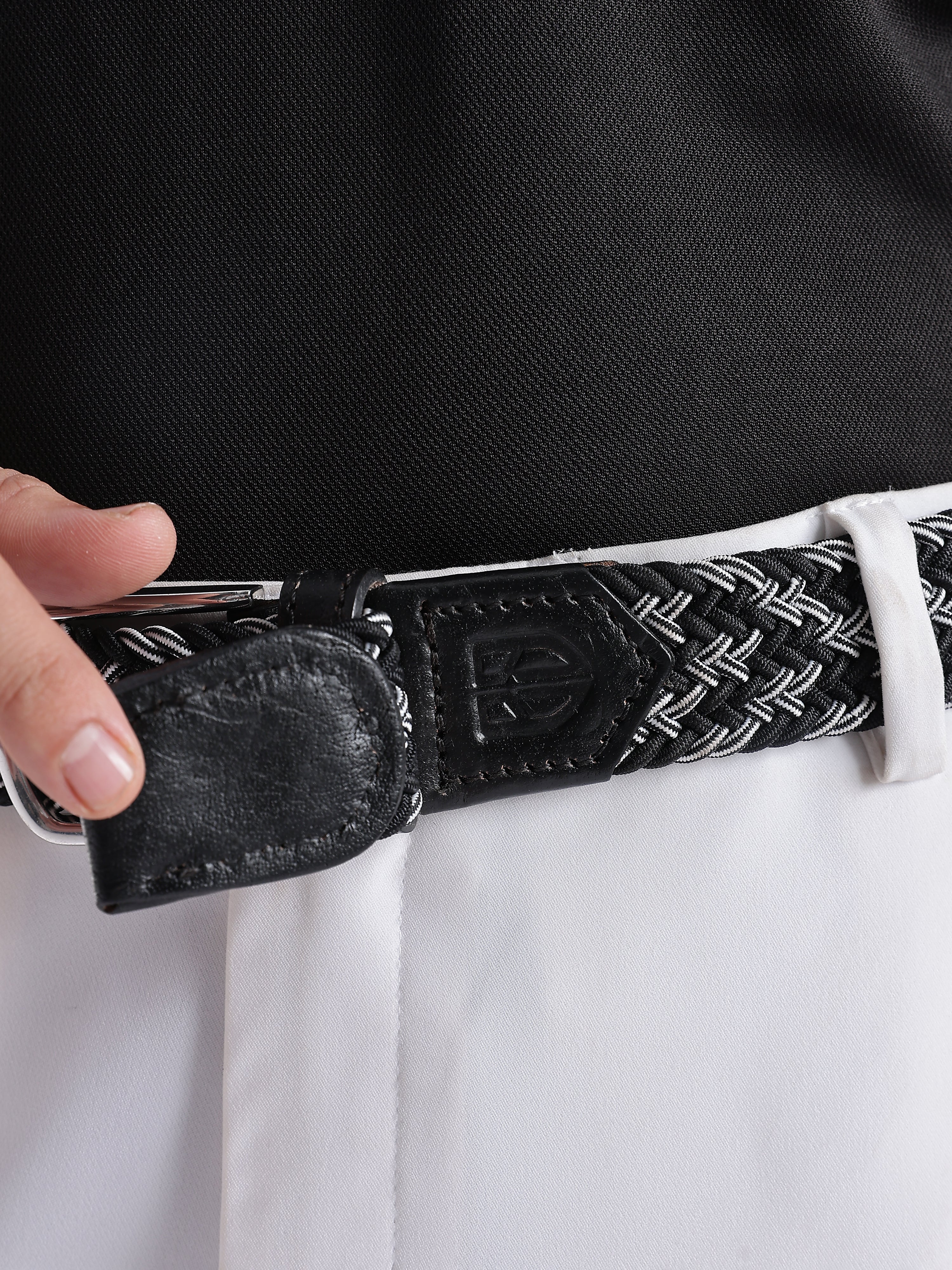 Golf Stretch Belt – Black & White Zigzag with Black Leather Trim