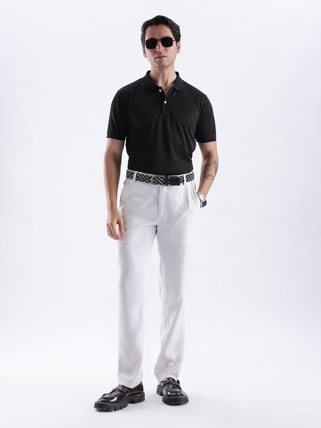 Golf Stretch Belt – Black & White Zigzag with Black Leather Trim