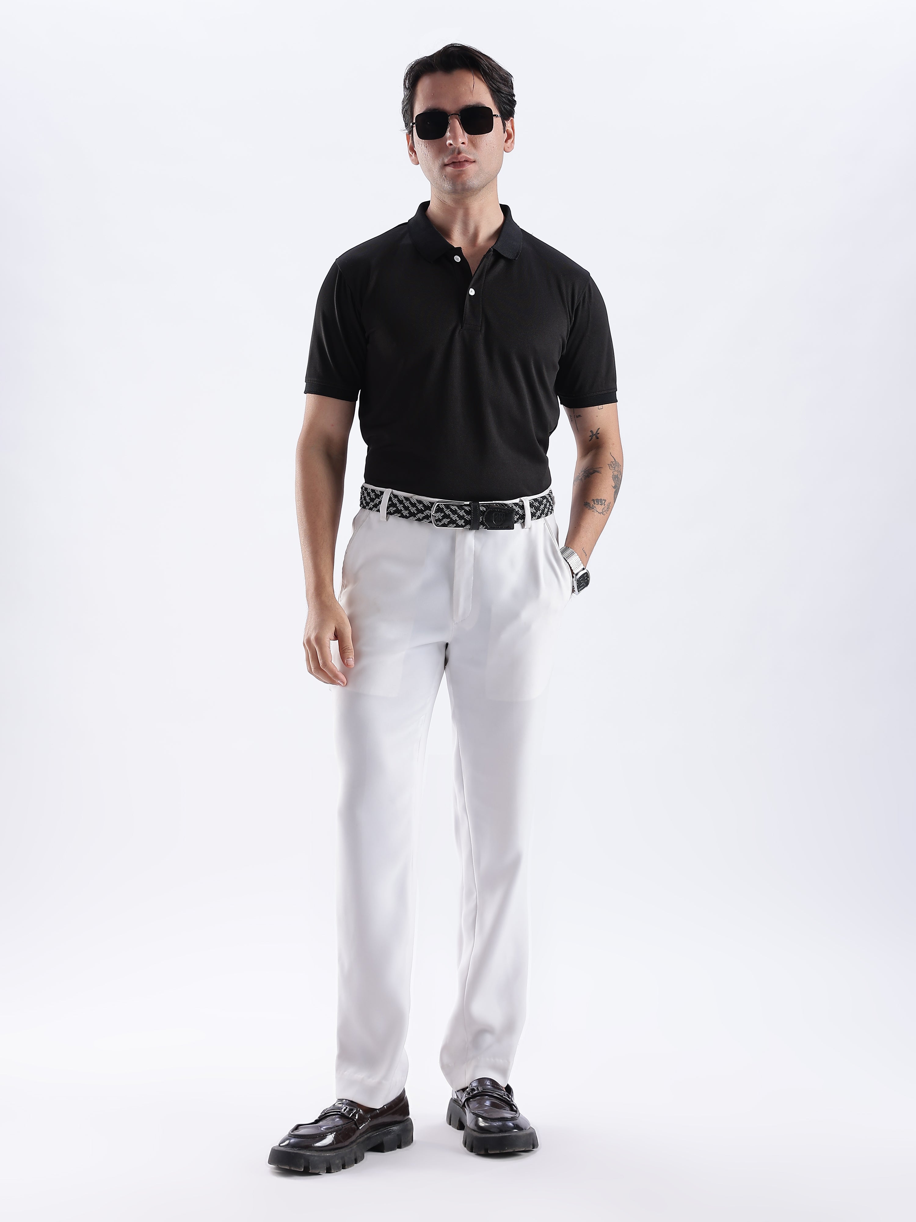Golf Stretch Belt – Black & White Zigzag with Black Leather Trim