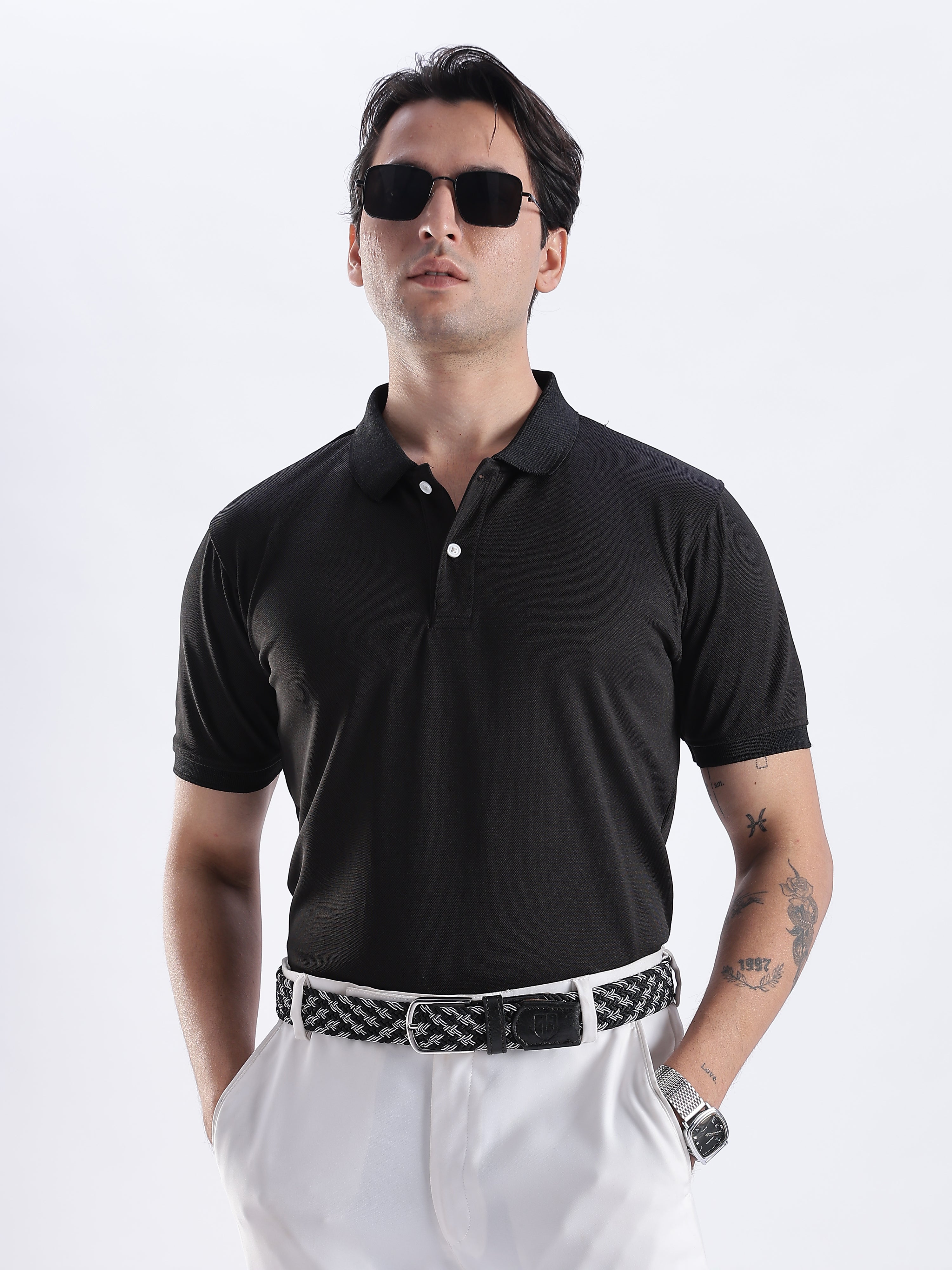 Golf Stretch Belt – Black & White Zigzag with Black Leather Trim