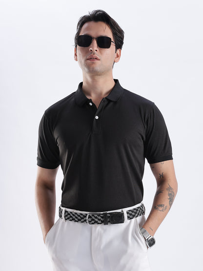 Golf Stretch Belt – Black & White Zigzag with Black Leather Trim