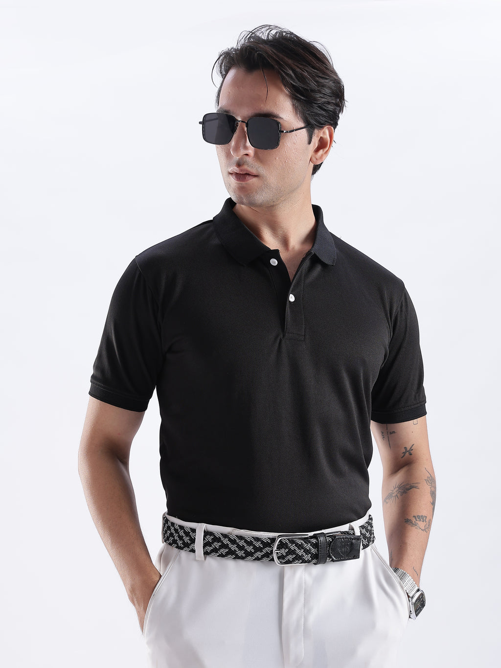 Golf Stretch Belt – Black & White Zigzag with Black Leather Trim