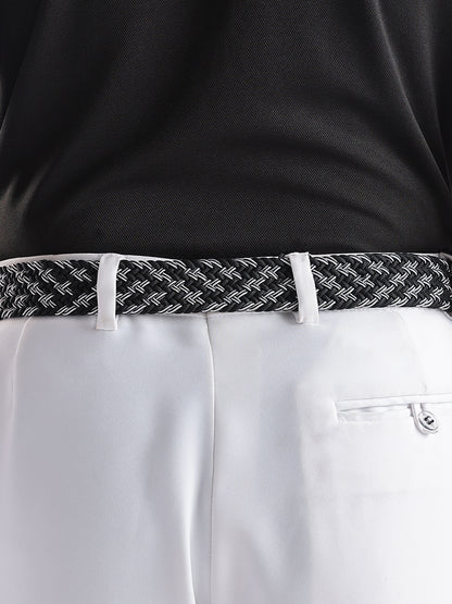 Golf Stretch Belt – Black & White Zigzag with Black Leather Trim