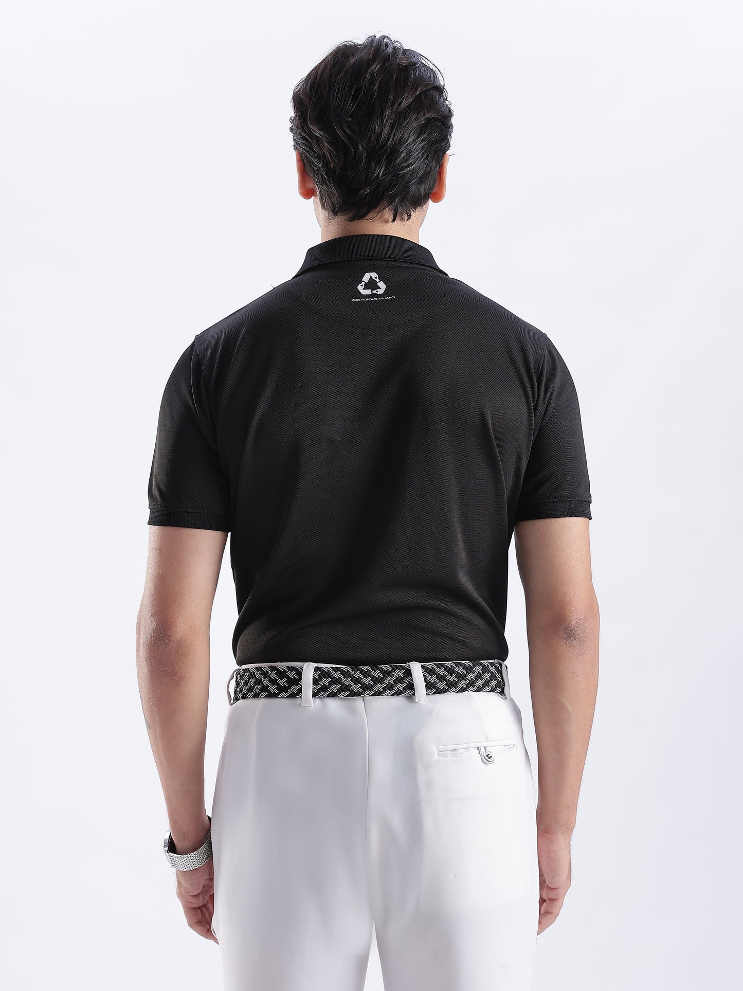 Golf Stretch Belt – Black & White Zigzag with Black Leather Trim