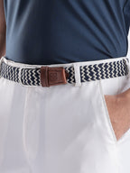 Golf Stretch Belt – Navy & White Chevron with Brown Leather Trim