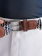 Golf Stretch Belt – Navy & White Chevron with Brown Leather Trim