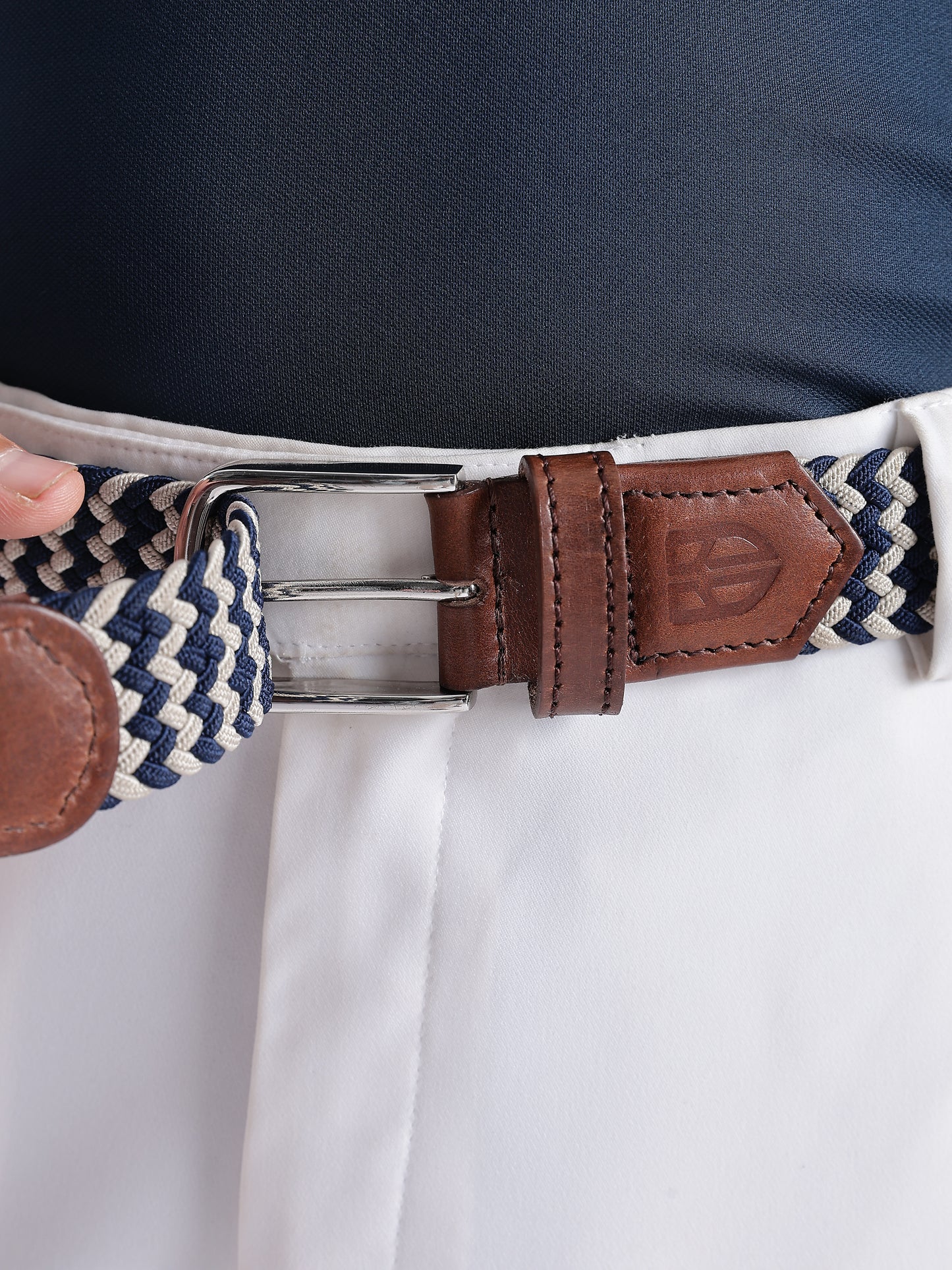 Unisex Grey and Navy Blue Woven Stretch Belt with Silver Buckle